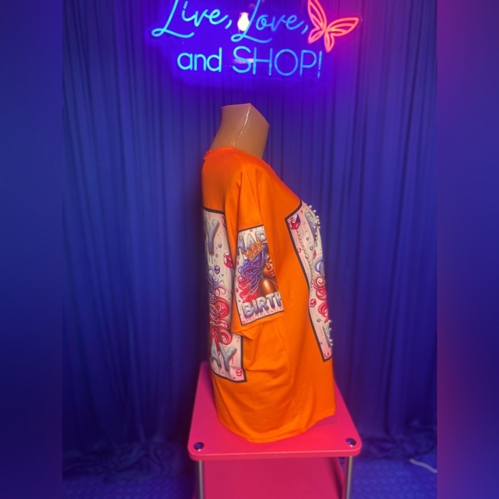 SHIRT: Orange Diva "Happy Birthday" Tee w/Vibrant Pearls & Rhinestones, NWT - Picture 11 of 17